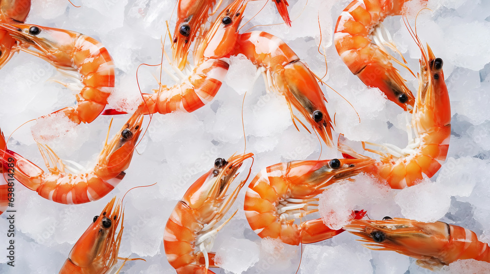 Top view of raw whole shrimps on ice. Seafood background. Generative AI