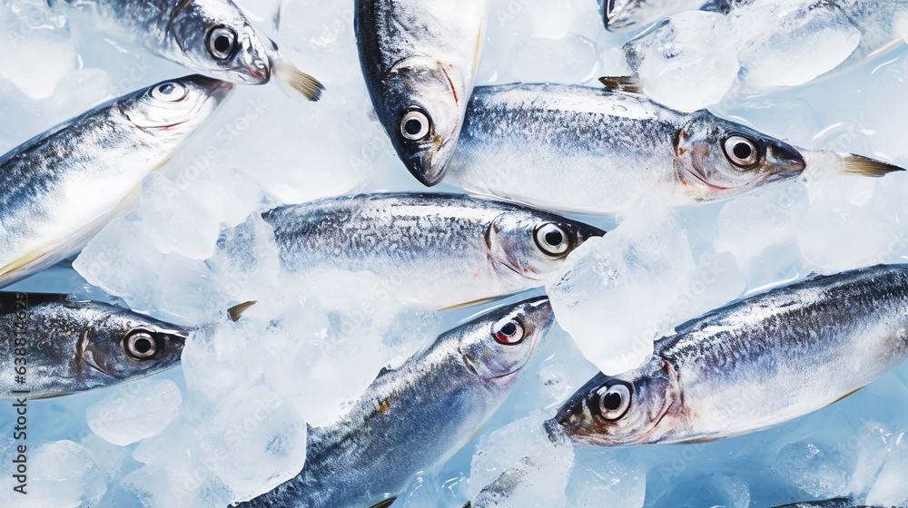  Fresh sardines on ice. Seafood background. Generative AI