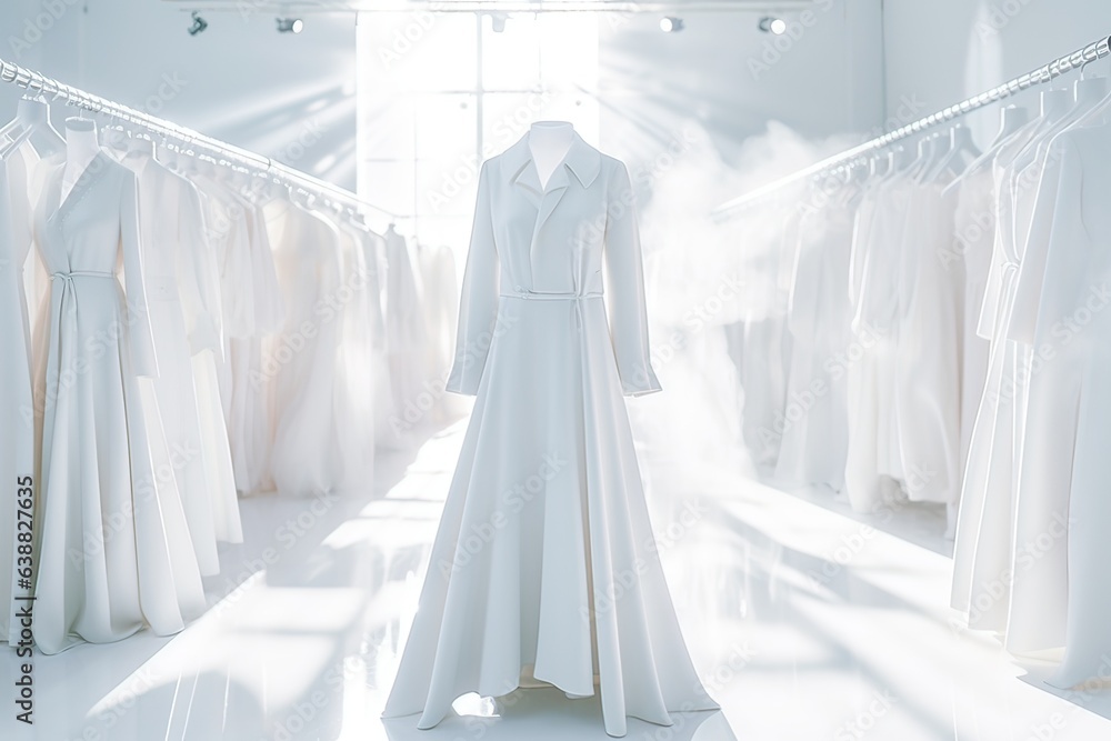 Wedding dress on a hanger in a white room.