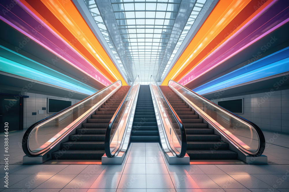 An escalator in a subway station with colorful lights. Digital image.