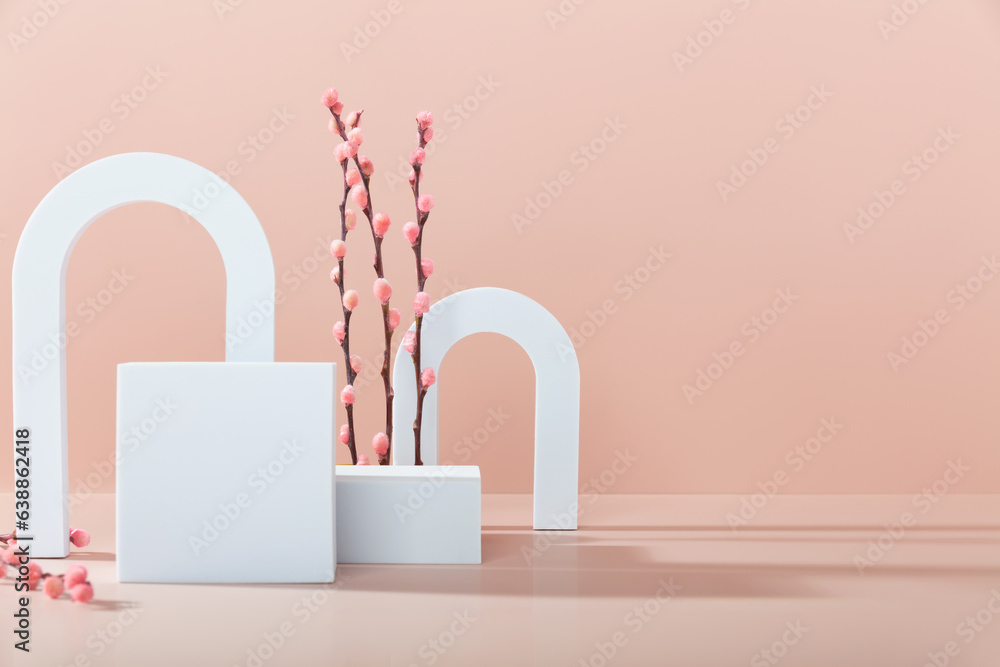 Abstract background with various geometric shapes and spring branches for product presentation. Podi