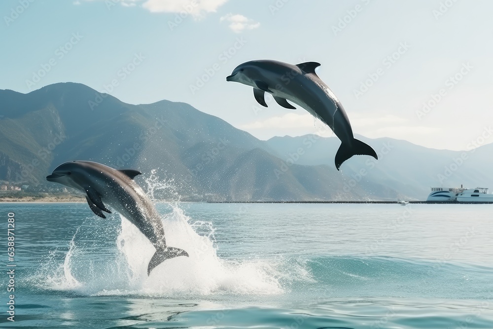 Dolphin jump in the blue sea in a picturesque place