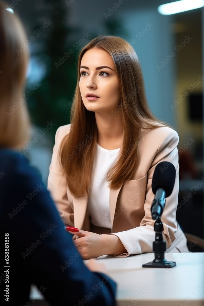 reporter, microphone and woman interview on radio for news broadcast in studio or broadcasting