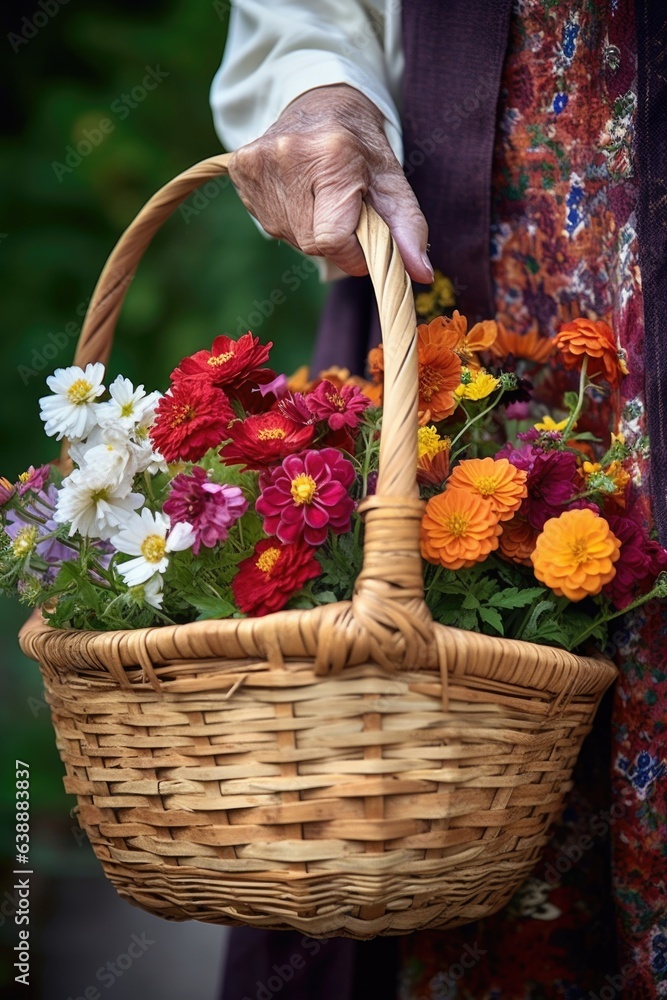 cropped shot of an elderly woman holding a basket full of flowers