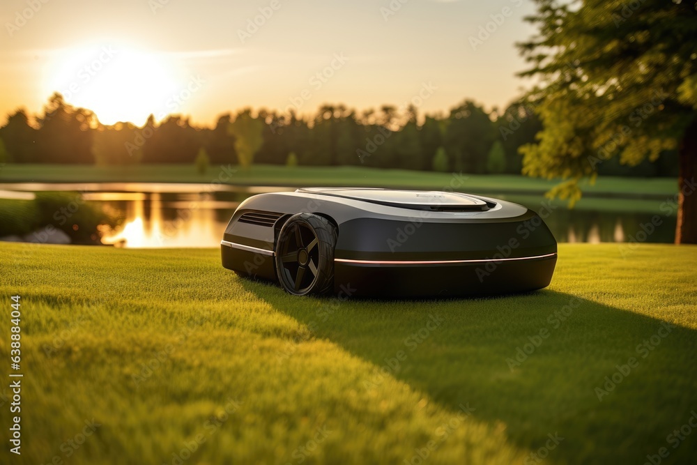 Sunny scene featuring a robotic lawn mower in action.