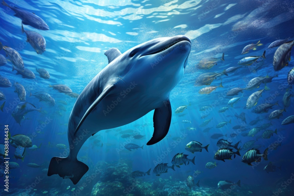 Dolphin swim in the blue sea in a picturesque place