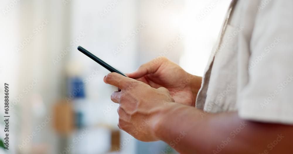 Closeup, man and hands with smartphone, typing and connection for social media, texting and email. Z