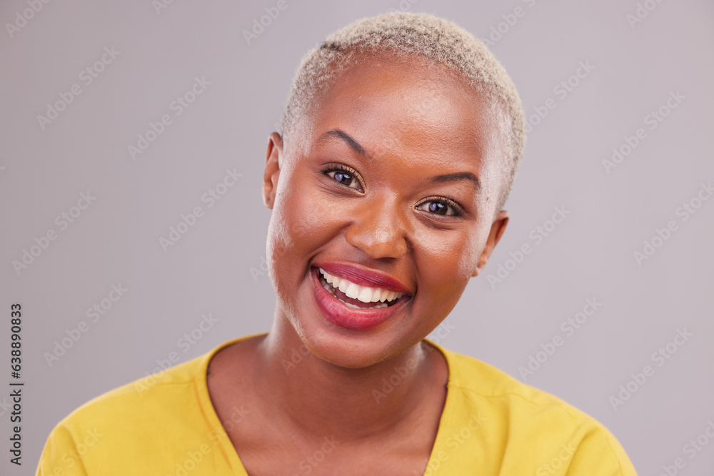 Cosmetic, smile and portrait of black woman in a studio with beauty, glow or makeup face routine. Ha