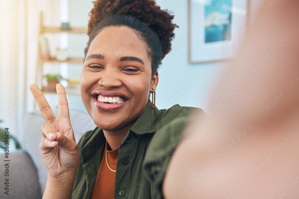 Woman, portrait and peace for selfie in home, smile and post live streaming vlog in living room. Fac