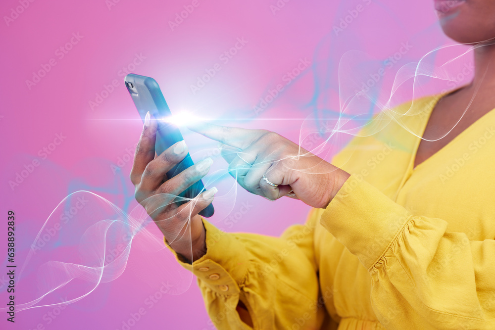 Woman hands, phone and network hologram, technology overlay and connection on a pink background. Per