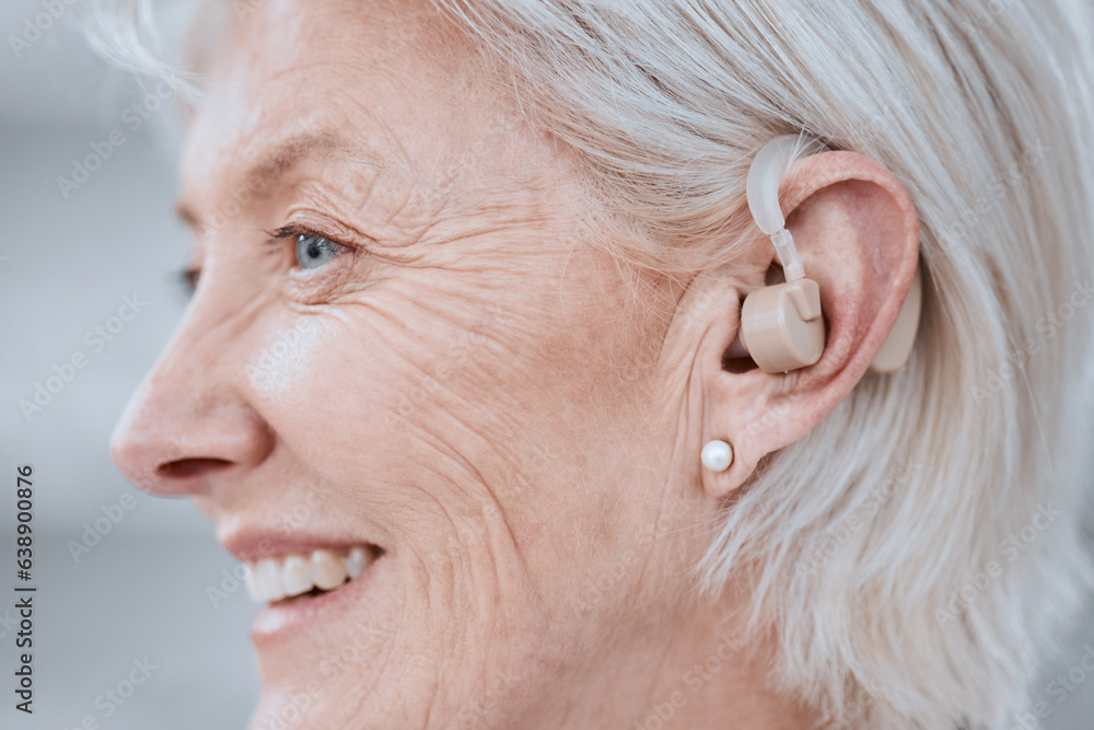 Senior woman, hearing aid and ear with smile, profile and audio for listening for healthcare in reti