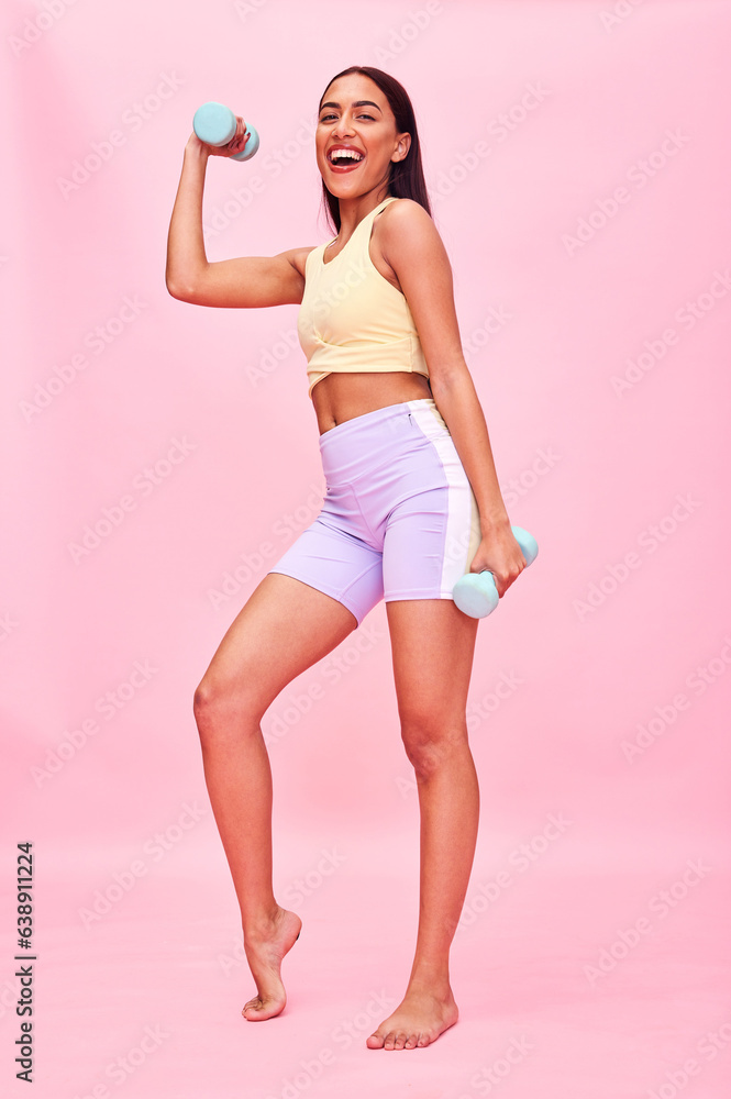 Portrait, fitness and woman with dumbbells for exercise, training or workout isolated on pink backgr