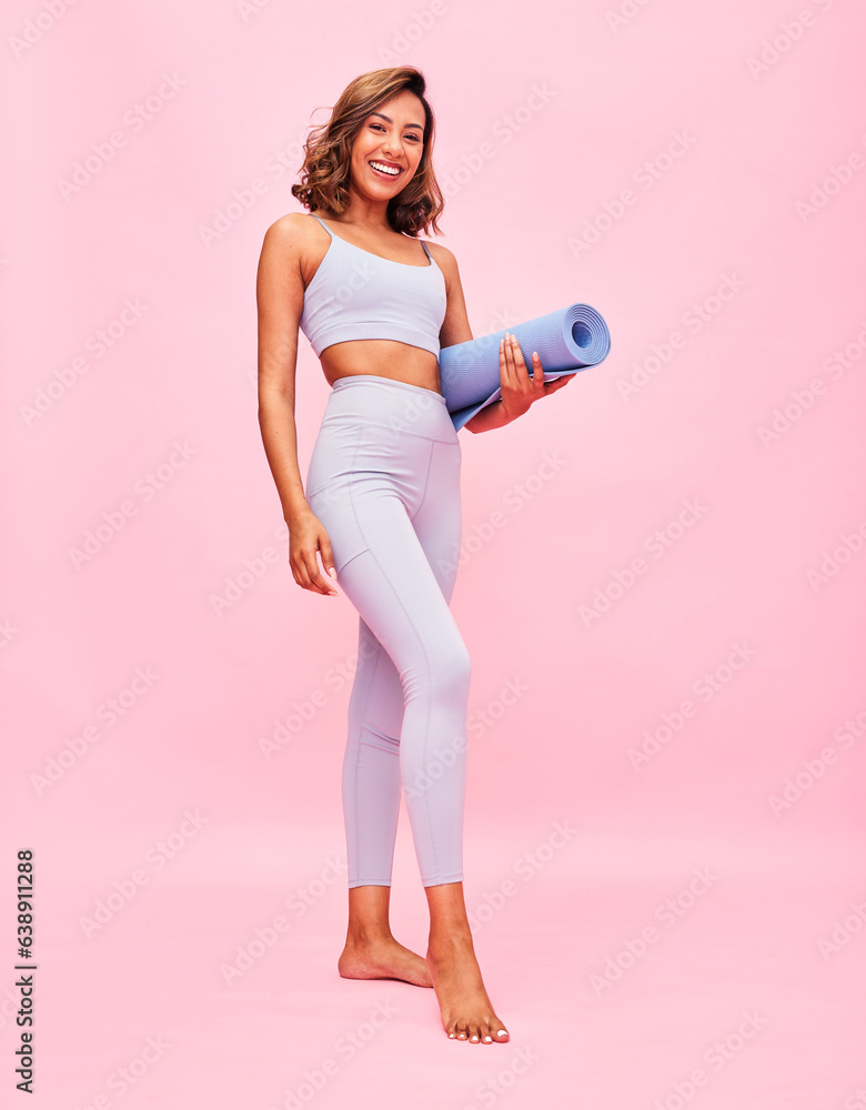 Fitness, portrait and woman with yoga mat on pink background for healthy body, exercise and smile in