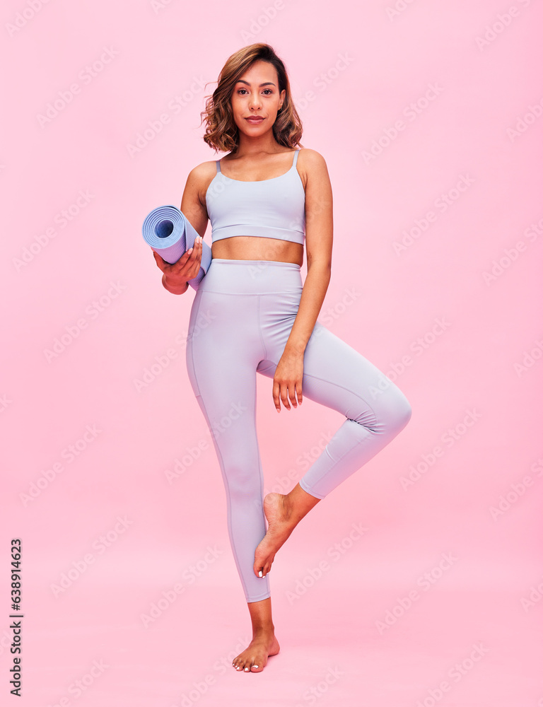 Yoga, portrait and woman with mat in studio for healthy body, fitness or focus on pink background. S