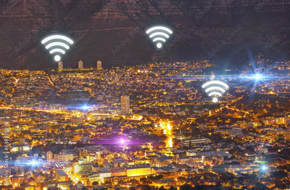 City, internet and wireless connectivity with buildings, technology abstract and communication with 