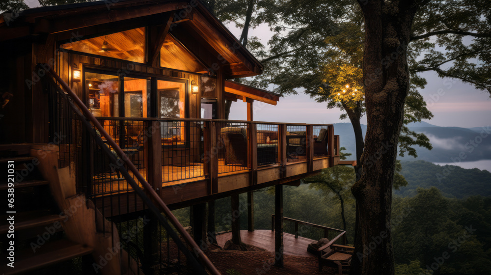 Luxury treehouse home architecture concept image with a wooden house in middle of lush tree forest