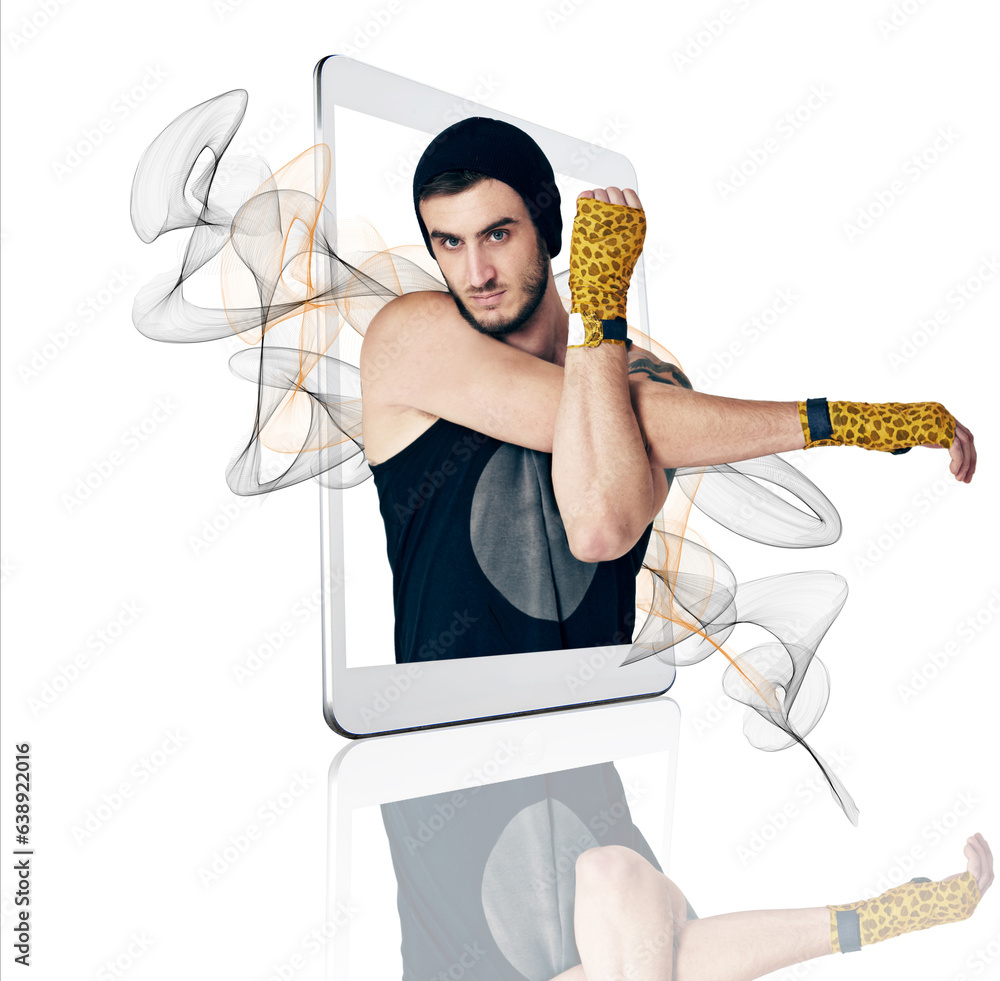 Fitness, app and portrait of a man from a phone screen on a white background for exercise. Cardio, b