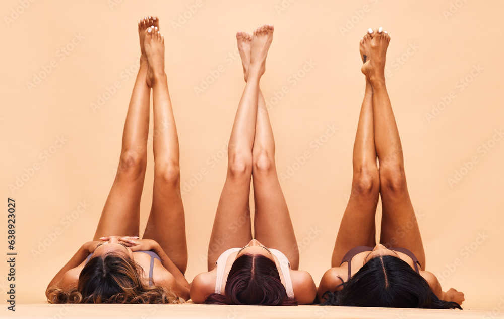 Women, legs and beauty with diversity, skincare and epilation for hair removal and wellness. Studio,