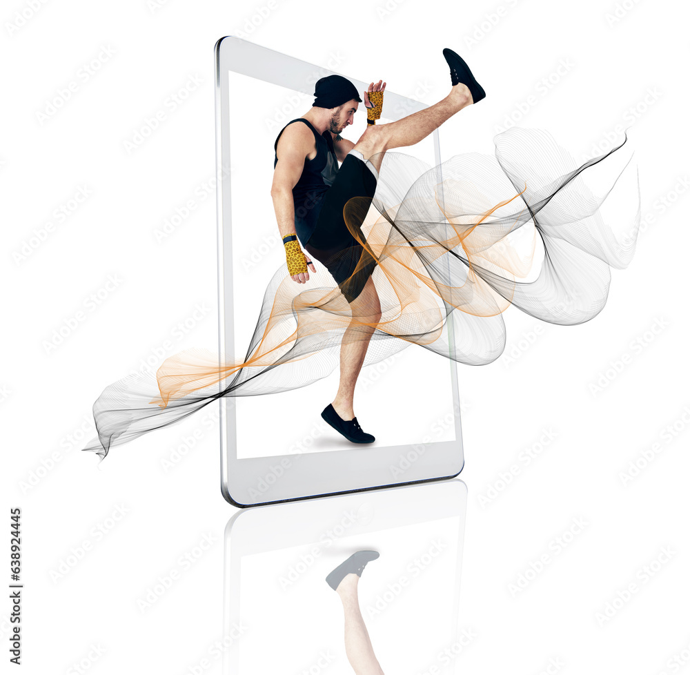 Karate, tablet and man in kick boxing exercise on app or screen isolated against a white studio back