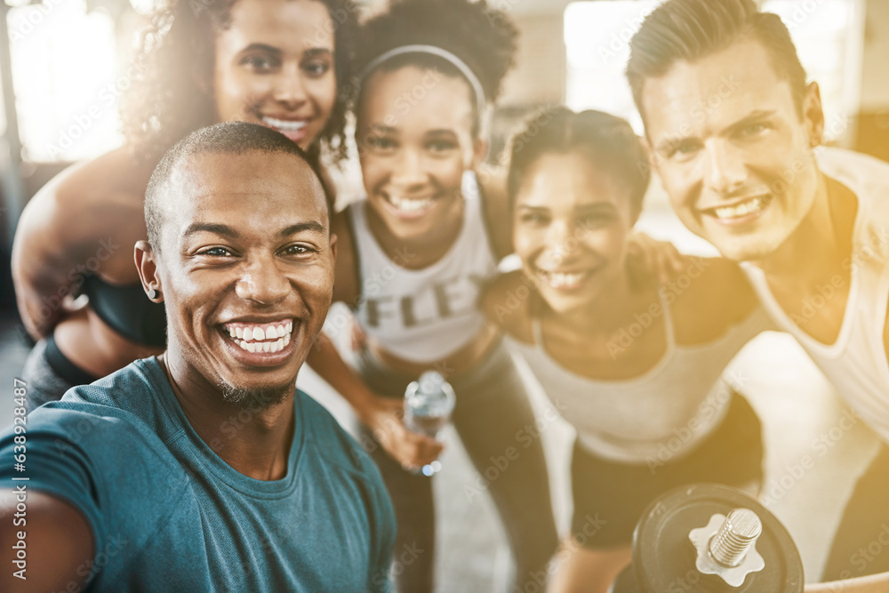 Portrait, happy gym selfie and friends training for power, workout and healthy exercise together. Fa