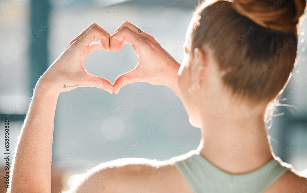 Heart, hands and woman with emoji and support, health and wellness with back, sign and love with car