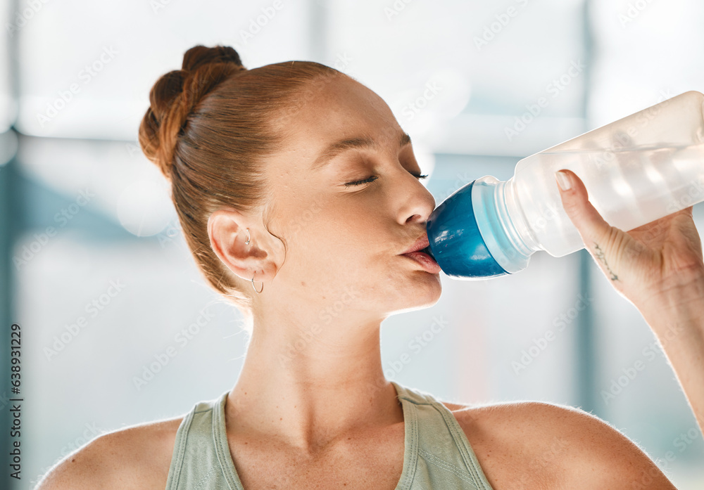 Gym, relax or woman drinking water on break after exercise, workout or fitness training in health cl