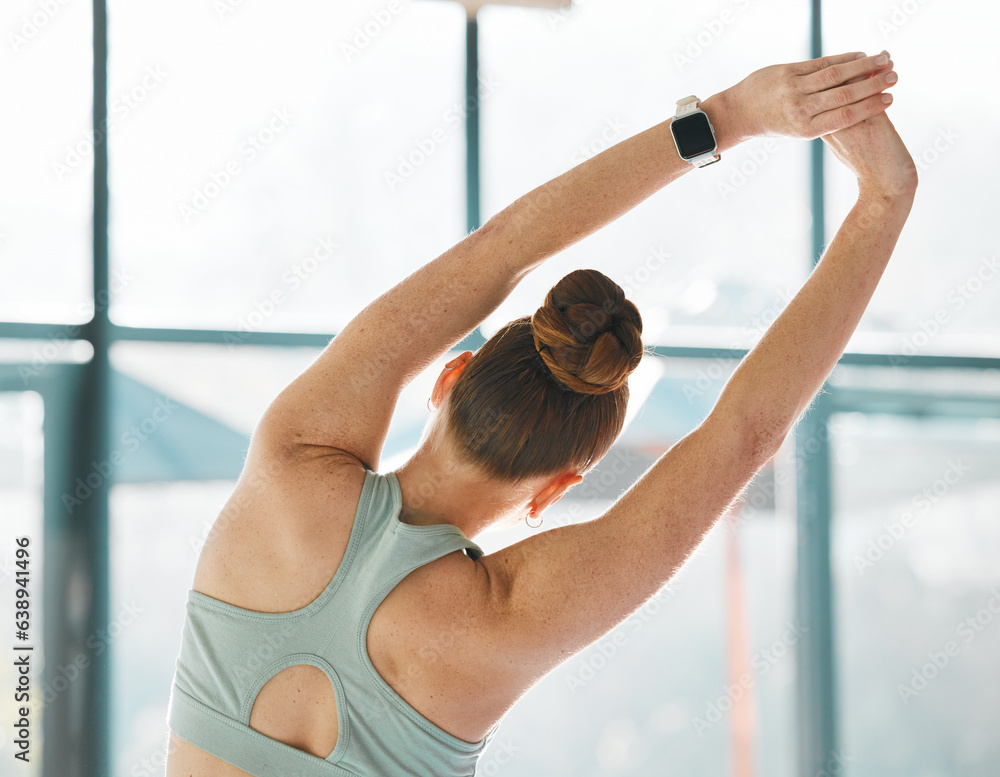 Gym, woman or athlete stretching back or ready to start gymnastics performance in sports training. F