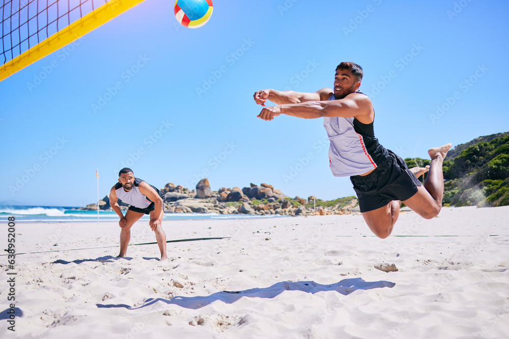 Man, game and playing volleyball on beach in sports, match or score point in outdoor fitness or exer