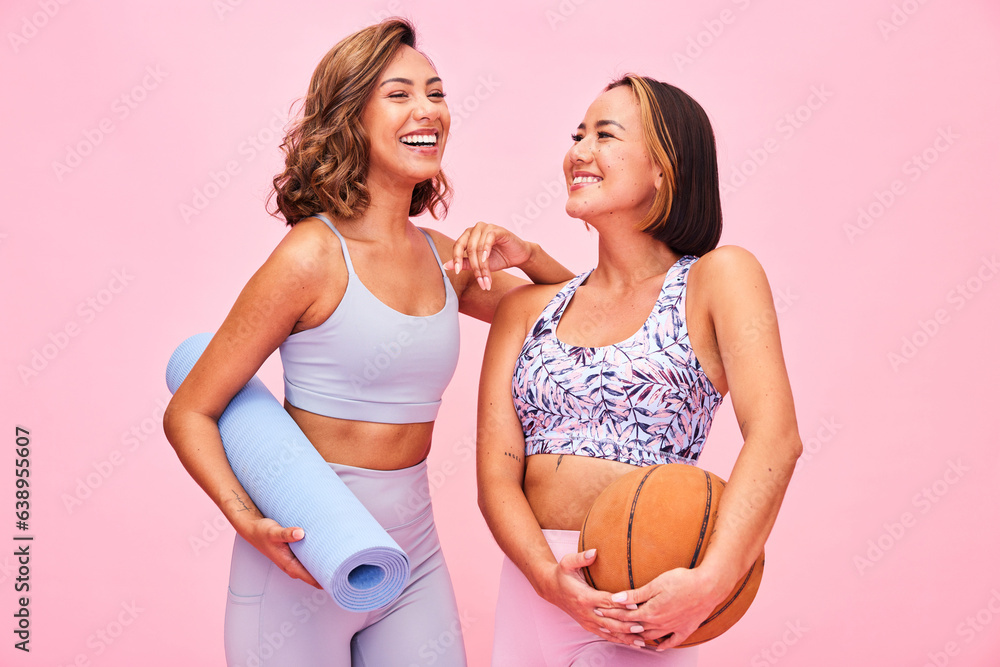 Friends, fitness and women on pink background for yoga, training and exercise with ball and yogi mat