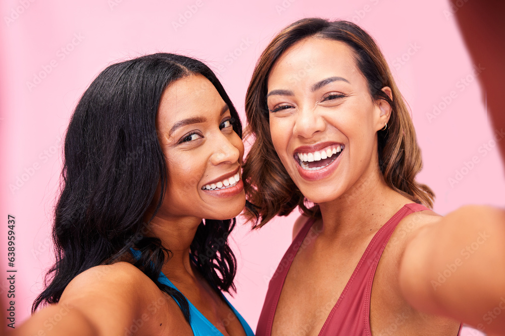 Portrait, fashion and selfie of women friends in studio isolated on a pink background. Face, happy a