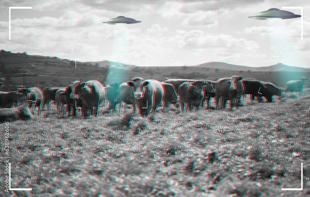 Recording of alien, spaceship and UFO with cow in field for fantasy, science fiction and space invas