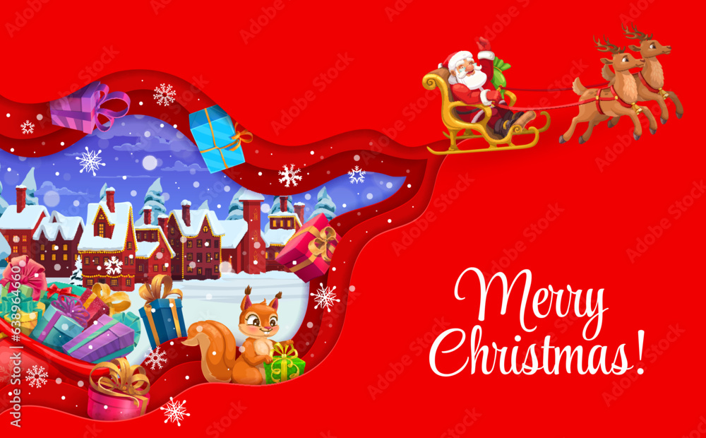 Christmas paper cut greeting card. Squirrel with gifts, winter town and Santa on sleigh. Vector 3d p