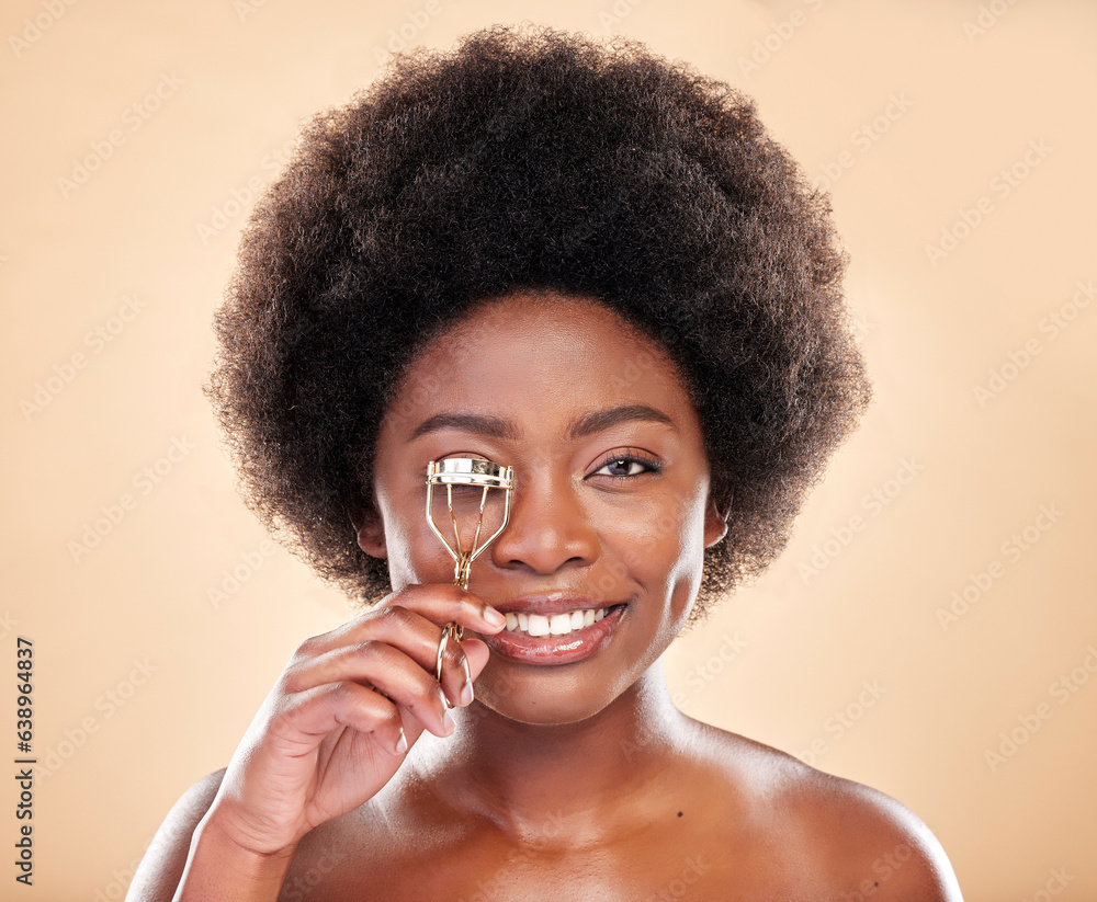 Smile, portrait and black woman with eyelash curler for makeup, wellness and beauty on a backdrop. H