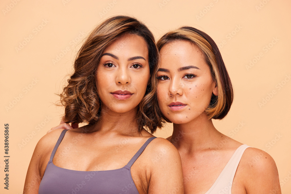 Beauty, diversity and portrait with women in studio for health, glow or cosmetics. Spa, self love an