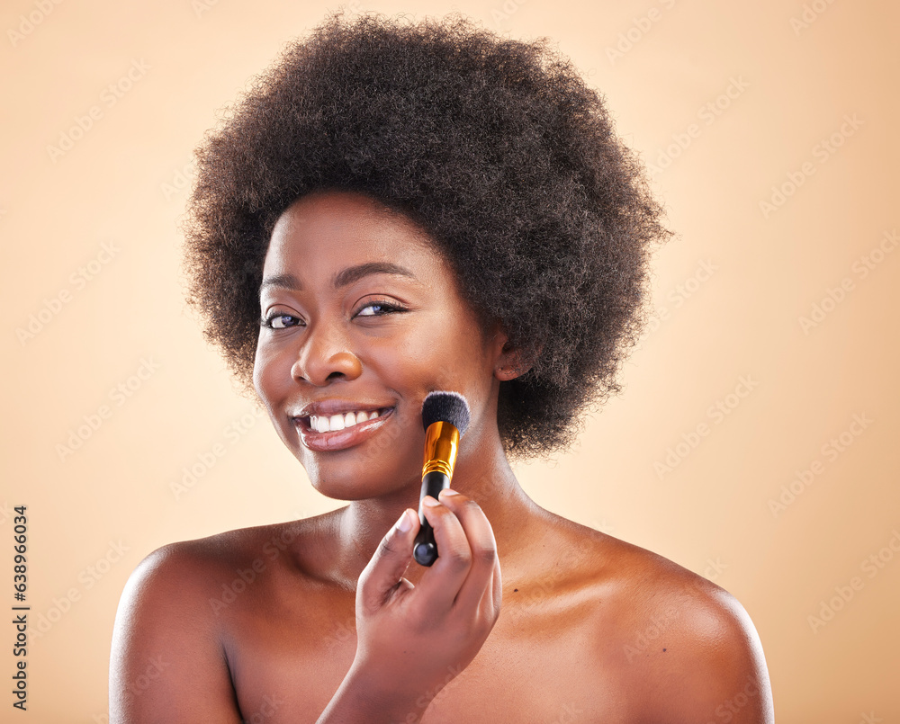 Portrait, beauty and a black woman with a makeup brush for blush to apply cosmetics to her face. Smi