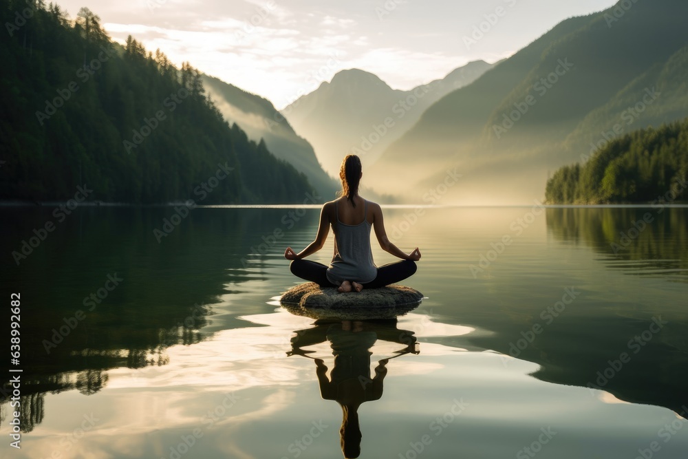 Woman in a yoga practice on water surface. Generative AI