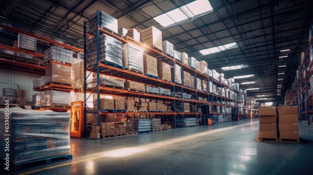 A large warehouse with numerous items. Rows of shelves with boxes.  Logistics. Inventory control, or