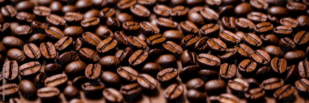 Roasted Coffee Beans background texture. Arabic roasting coffee - ingredient of hot beverage. Brown 