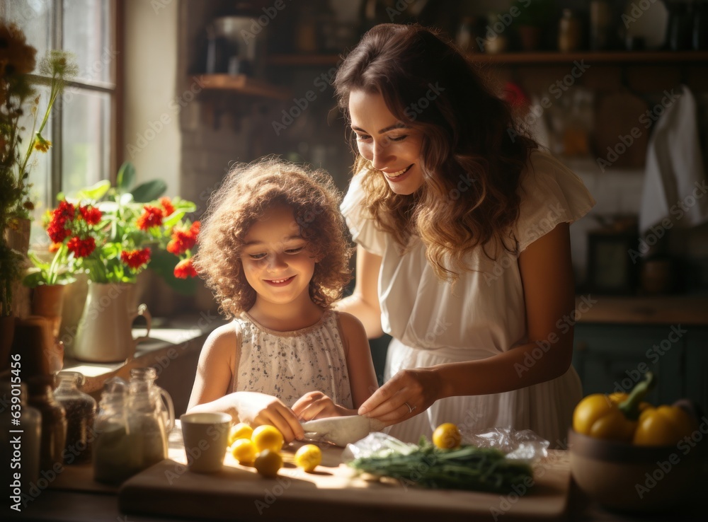 Mother cooking with her daughter at kitchen in a sunny day