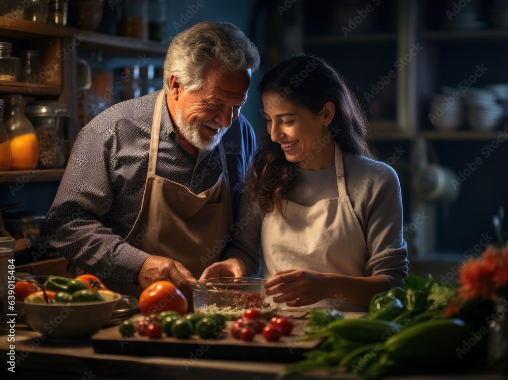 Older man and his daughter teaching each other cooking at the kitchen