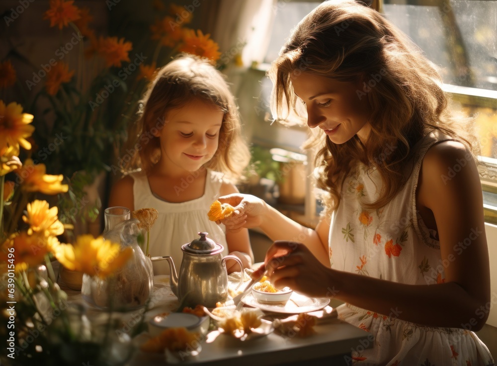 Mother cooking with her daughter at kitchen in a sunny day