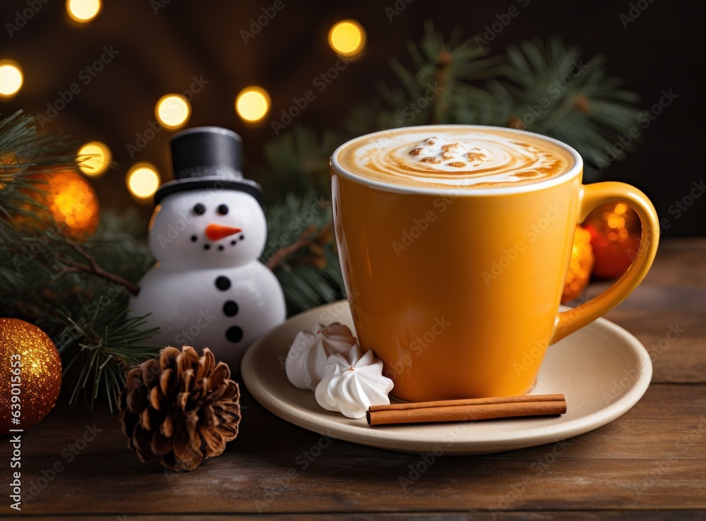 Winter latte with cute snowman