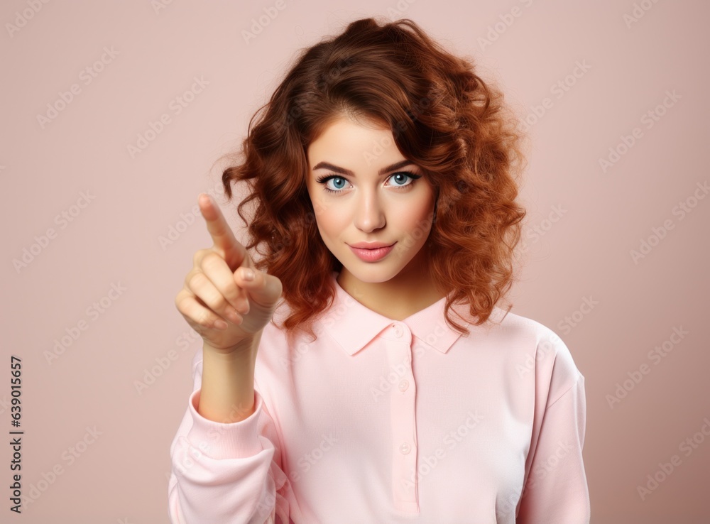 Young girl looking at camera while pointing her finger