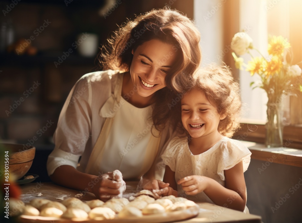 Mother cooking with her daughter at kitchen in a sunny day