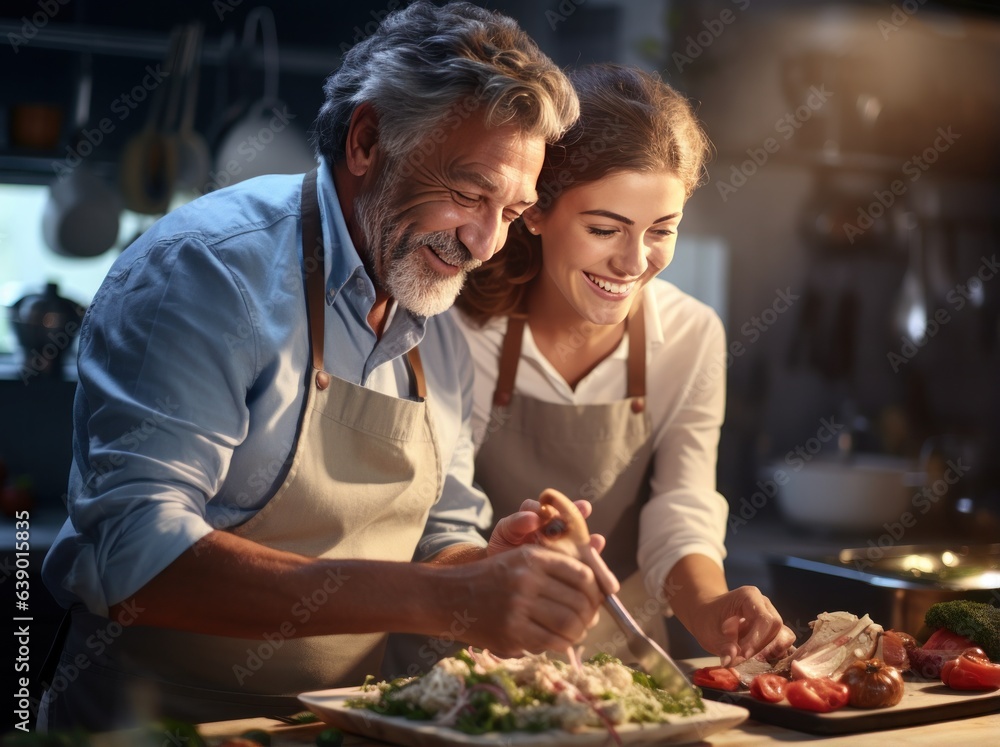 Older man and his daughter teaching each other cooking at the kitchen