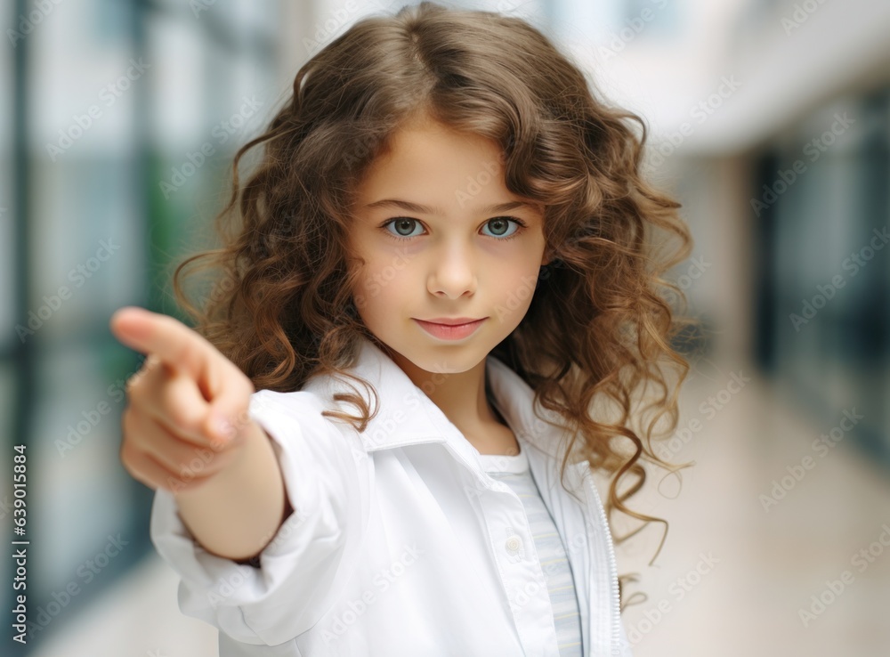 Young girl looking at camera while pointing her finger