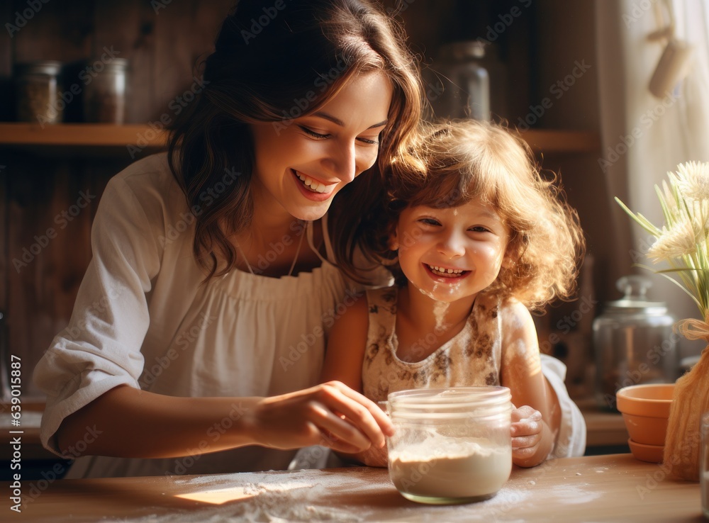 Mother cooking with her daughter at kitchen in a sunny day