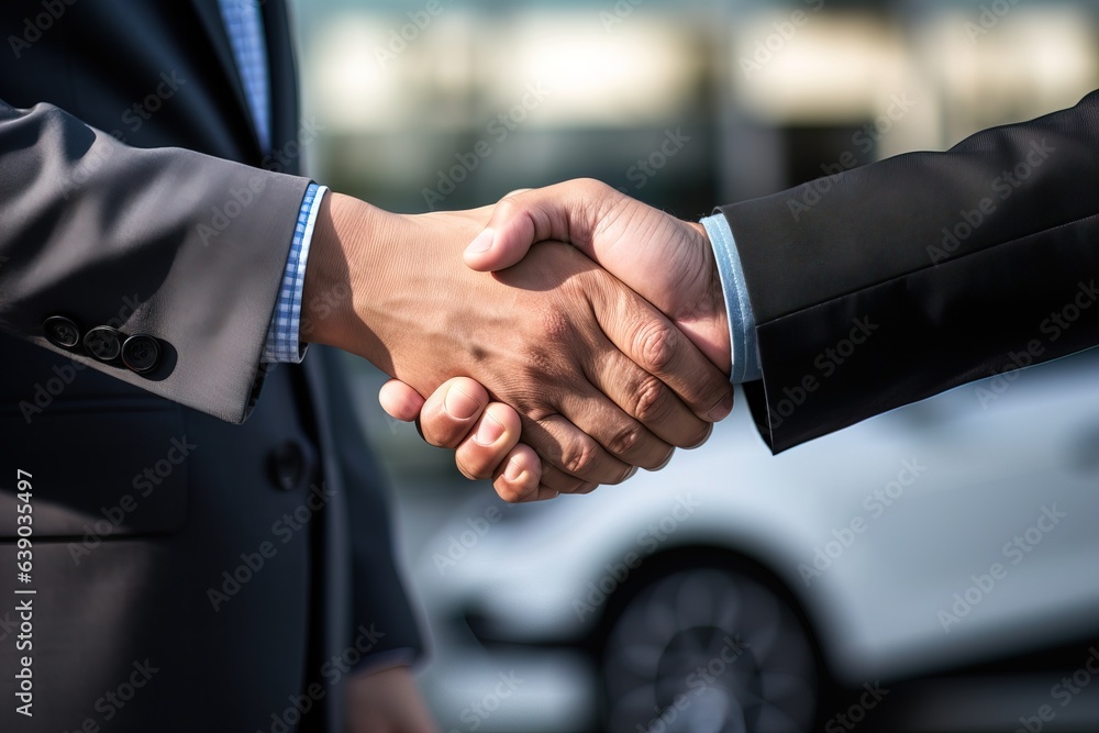 Manager of car dealership shakes hands with buyer against background of car