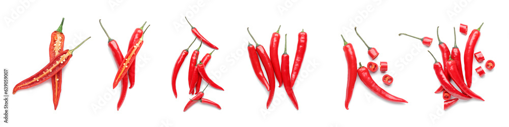 Set of red chili pepper on white background