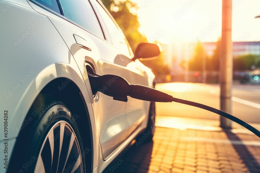 Electric car getting charged at a fast charging station in the city